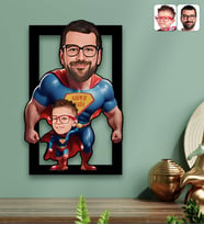 BK Gift Kişiye Özel Süper Baba-Çocuk Karikatürlü 3D Ahşap Tablo-2, Babalar Günü Hediyesi, Babaya Hediye