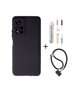 Xiaomi Redmi Note 11 Kılıf Siyah Silikon+kablo Koruyucu+boyun Askısı