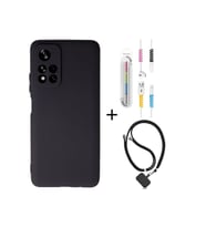 Xiaomi Redmi Note 11 Kılıf Siyah Silikon+kablo Koruyucu+boyun Askısı