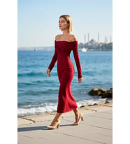 Kadın Elbise Carmen Yaka Uzun Kol Balık Kesim Midi Boy Örme Sandy Dokuma Astarsız Düz Desen