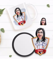 BK Gift Kişiye Özel Kadın Doktor Karikatürlü Beyaz Kupa ve Ahşap Bardak Altlığı Hediye Seti-1