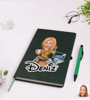 BK Gift Kişiye Özel Kadın Muhasebeci Karikatürlü Yeşil Termo Deri Defter Kalem Seti Model 1