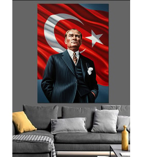 Türk Bayrağı Önünde Atatürk Portresi Dekoratif Kanvas - Mdf Ahşap Tablo