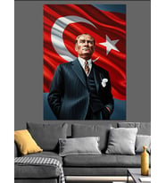Türk Bayrağı Önünde Atatürk Portresi Dekoratif Kanvas - Mdf Ahşap Tablo