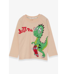Breeze Erkek Çocuk Uzun Kollu Tişört Dinozor Baskılı 2-6 Yaş, Bej