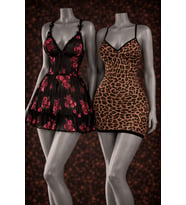 Leopar Desenli V Yaka Mini Gecelik & Siyah Transparan Gül Baskılı Babydoll Set (Karışık)