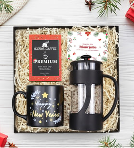 Yılbaşına Özel Alerya Yılbaşı Premium Filtre Kahve & Siyah French Press & Happy New Years Harf Kupa Yeni Yıl Hediye Seti