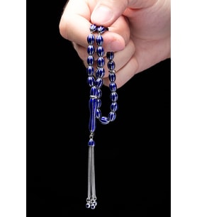Erkek Lacivert Mine Işlemeli 6x8mm 39 gr Tamamı 925 Ayar Gümüş Tesbih