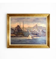 Tablore İstanbul Manzaralı Nostaljik Yağlı Boya Dokulu Altın Çerçeveli Kanvas Tablo