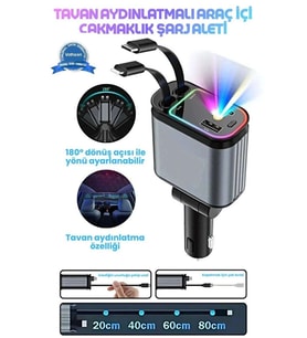 Led Işık Tavan Aydınlatmalı 66w 4’1 Çift Kablolu Hızlı Şarj 3.4a Araç İçi Çakmaklık Şarj Aleti