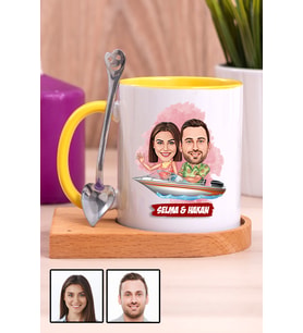 Sevgiliye Hediye Tekne Tasarım  Karikatürlü Ahşap Altlıklı Sarı Kupa Bardak