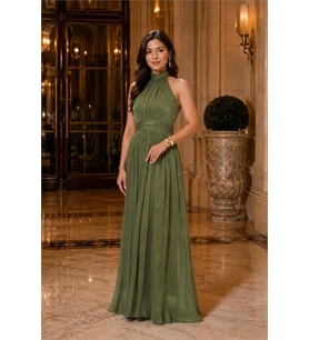 kadın olive yeşil halter yaka janjan kumaş premium abiye elbise NBMY4128