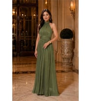 kadın olive yeşil halter yaka janjan kumaş premium abiye elbise NBMY4128