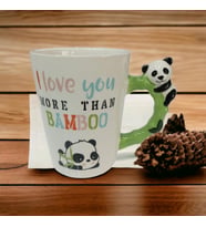 Porselen Panda Tasarımlı Kupa Bardak Bamboo Kupa Bardak (Beyaz)