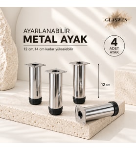 4 Adet Metal Ayarlanabilir 12 cm Krom Destek Ayak Mobilya Kanepe Baza Koltuk Dolap Sehpa TV Ünitesi Ayağı