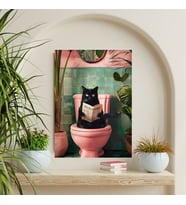 "Tuvalette Gazete Okuyan Siyah Kedi Duvar Posteri – Eğlenceli Dekoratif Tasarım-Çerçevesiz
