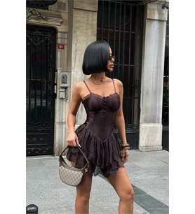Neşeli butik kadın kahverengi saten kumaş tül etek mini boy askılı elbise