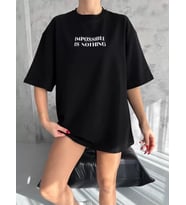 Unisex Bisiklet Yaka Baskılı Oversize T-Shirt - Siyah
