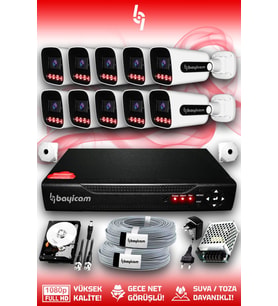 Bayicam 10 Kameralı Zebra 10 Dış Kamera Set 1 TB 5 MP Full HD Gece Görüşlü Güvenlik Kamerası Sistemi