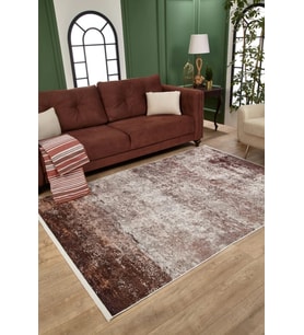 Vizon Kahve Modern Soyut Desenli Eskitme Halı Kaymaz Tabanlı Yıkanabilir Salon Halısı Koridor