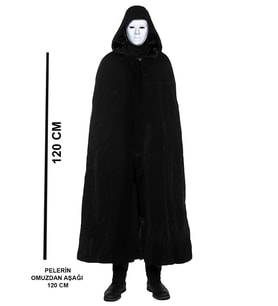Siyah Kapüşonlu 120 cm Pelerin ve Beyaz Boyanabilir Tam Yüz Maske