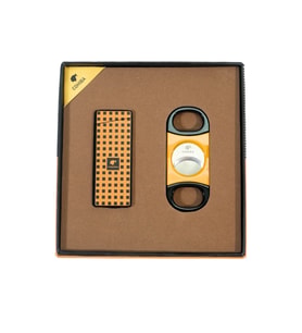 Cohiba Tek Torch Dama Desenli Çakmak Sarı Siyah Kesici İkili Puro Seti TR9843