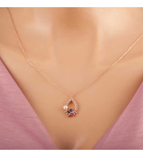 Gümüş Rose Renkli Taşlı Çiçekli Kadın Kolye