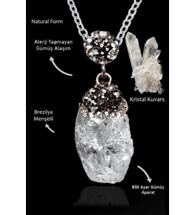 Sertifikalı Zirkon Taşlı Model Ham İşlenmemiş Kristal Kuvars Taşı Kolye (Beyaz)