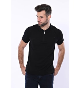 Polo Yaka Fermuarlı Siyah Örme T-shirt  Wessi