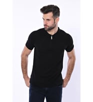 Polo Yaka Fermuarlı Siyah Örme T-shirt  Wessi