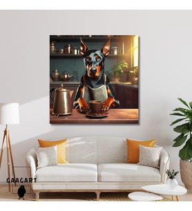 Kare Kanvas Kahve Köşesi Cafe Tablosu Barista Doberman Köpek