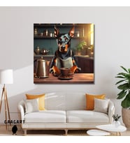 Kare Kanvas Kahve Köşesi Cafe Tablosu Barista Doberman Köpek