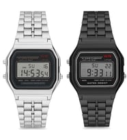 Özel Kutulu Retro Gümüş ve Siyah Renk 2 Adet Retro Model Unisex Kol Saati Çiftlere Sevgili ve Yakın Arkadaşa Özel Hediye Sevgili Arkadaşa Özel Hediye Takvim Kronometre Alarm Aydınlatma Özellikleri Kombin Eş Sevgili Yıldönümü Doğum Günü Hediyesi