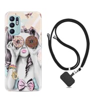 Oppo Reno 6 Kılıf Resimli Boyun Askılı İpli Desenli Silikon Donut Girl 1408