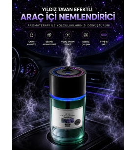 Araç İçi Hava Nemlendirici 120ml Yıldız Tavan Efektli Sessiz 300mAh Şarjlı Araba Kokusu