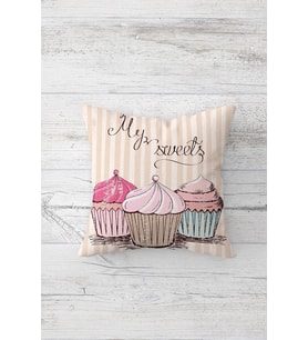 Cup Cake Çift Tarafı Baskılı Gizli Fermuarlı Yastık Kılıfı Kırlent Koltuk Yastık Kılıfı (Fuşya)