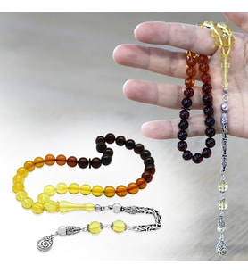 Damla Kehribar Tesbih - 925 Ayar Gümüş Kral Zincirli - Süzme Kırmızı Sarı Renk - Küre Kesim