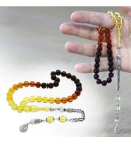 Damla Kehribar Tesbih - 925 Ayar Gümüş Kral Zincirli - Süzme Kırmızı Sarı Renk - Küre Kesim