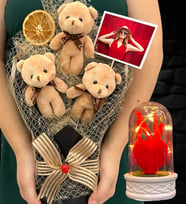 Kişiye Özel Fotoğraflı Kahve Peluş Ayıcık Buketi ve Led Işıklı Fanus - Premium Hediye Seti (Model 8)