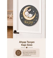 Ahşap Çocuğun İsmine Özel Aylı Tavşanlı Kapı Süsü - Bebek Hastane Kapısı ve Bebek Odası için Kapı Süsü