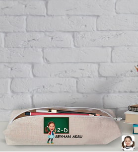 Çocuklara Özel Kız İlkokul Öğrenci Karikatürlü Keten Okul Kalemliği-1 (Beyaz)