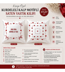 Kişiye Özel Baskılı Kurdeleli Kalp Motifli Kare Saten Yastık Kılıfı 37x37 cm