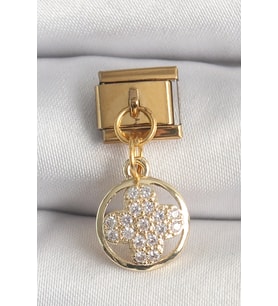 316L Çelik Gold Renk Sallantı Zirkon Taşlı Yonca Model Nomination Charm 5886