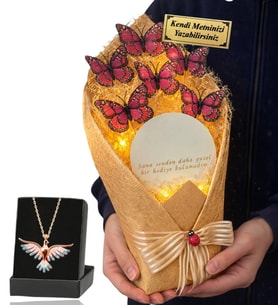 Kişiye Özel Premium Hediye Led Işıklı Aynalı Kelebek Buketi ve Renkli Anka Kuşu Kolye (Pembe)