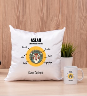 Kişiye Özel Aslan Burcuna Hediye Kare Yastık ve Beyaz Kupa