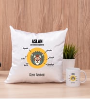 Kişiye Özel Aslan Burcuna Hediye Kare Yastık ve Beyaz Kupa