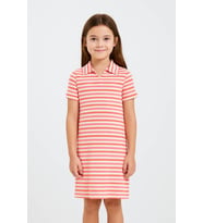 Kız Çocuk Renkli Çizgili Polo Yaka Triko Yazlık Mini, Midi Elbise (Pembe)