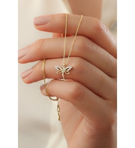 925 Ayar Gümüş Gold Zirkon Taşlı Minimal Yusufçuk Kolye