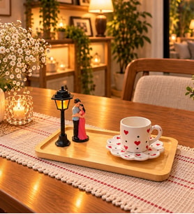 Kalp Desenli Romantik Kahve Fincanı Seti – Işıklı Sokak Lambalı, Sevgili Figürlü Ahşap Sunumluk