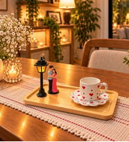 Kalp Desenli Romantik Kahve Fincanı Seti – Işıklı Sokak Lambalı, Sevgili Figürlü Ahşap Sunumluk